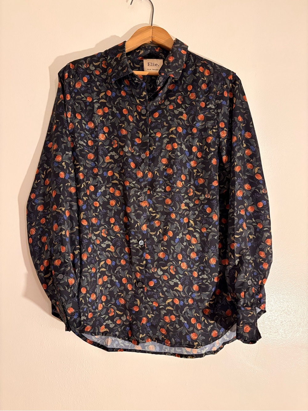 Elie Tahari Navy Button-Up Blouse with Red and Blue Floral Motif